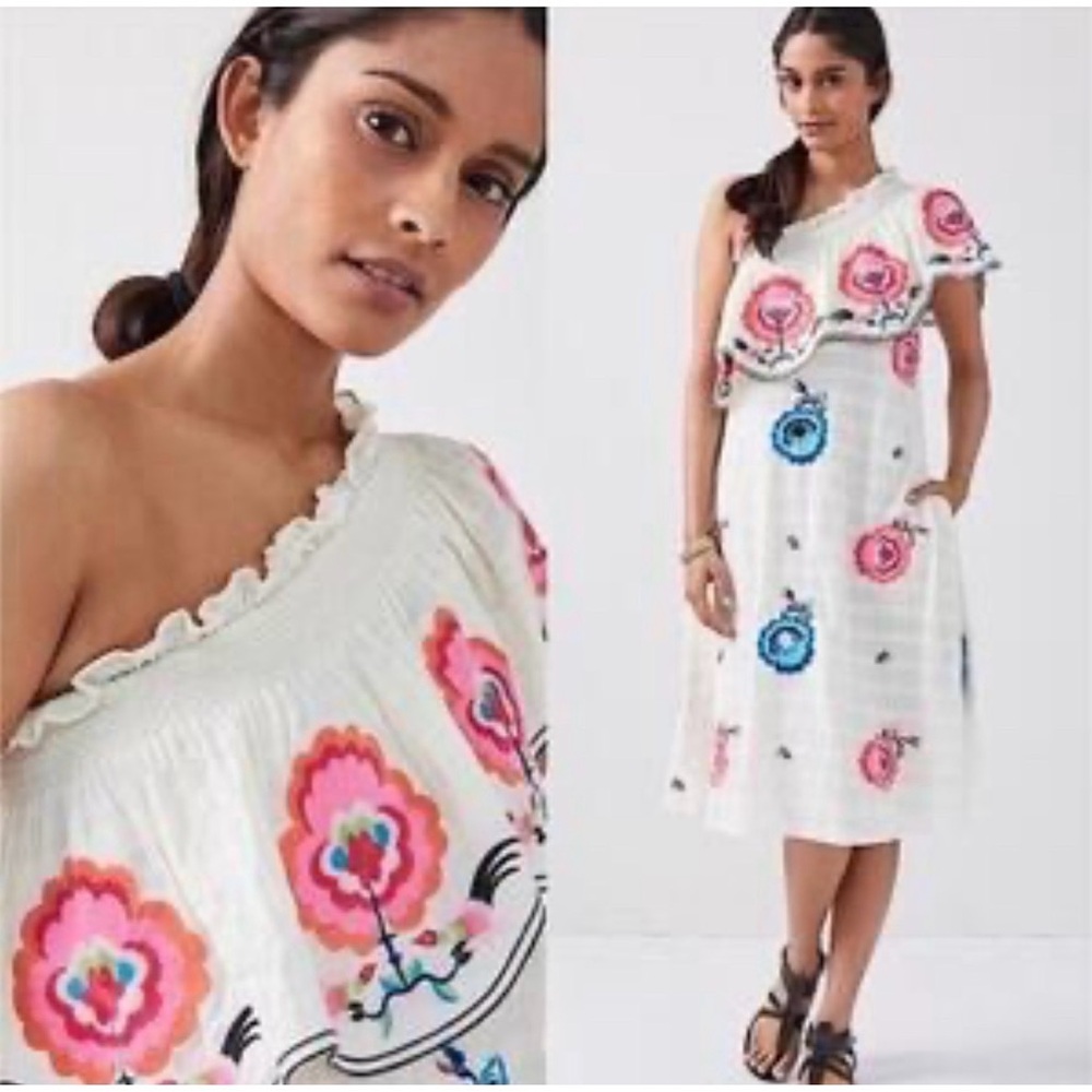Plenty by Tracy Reese White One-Shoulder Embroidered Floral Midi Dress